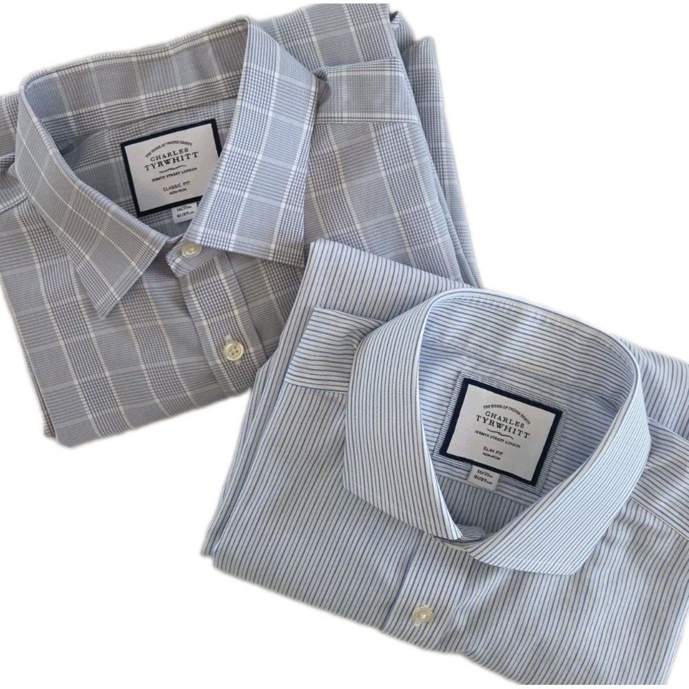 Charles Tyrwhitt Dress Shirts Set of 2, French Cuff Stripe Plaid Mens Size 16/35
